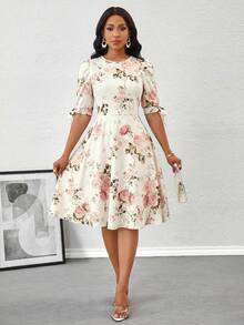 SHEIN Lady Women's Elegant Romantic Floral Print Waist Cinched Short Dress, Summer,Dresses For Women Summer Wedding Party Pink And White - Multicolor - View 6