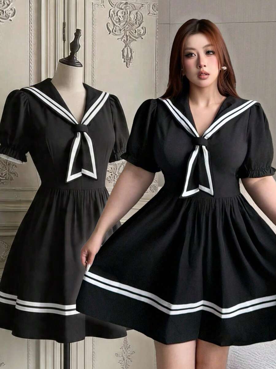 Vibekara Plus Size Navy Collar Short Sleeve Casual Dress, College & Resort Style, Spring/Summer - Black - View 1