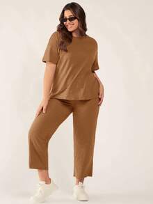 SHEIN BASICS 夏季休闲纯色T恤和长裤套装 - 鏽棕色 - 查看 3