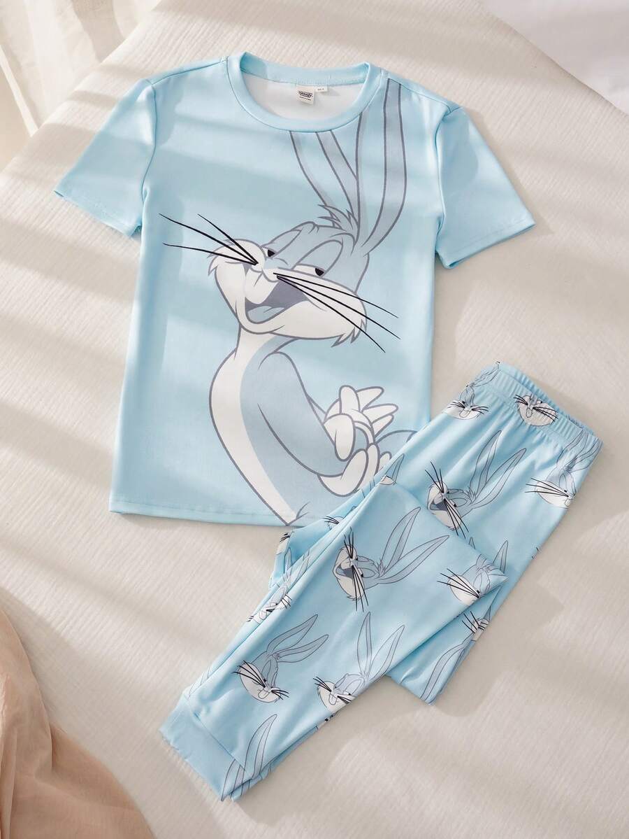 LOONEY TUNES X SHEIN Tween Boy Cartoon Print Short Sleeve Top And Leggings Pajama Set - Blue - View 1