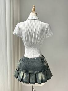 Elamini Women's Blouse With Floral Lace Patchwork, Bow Tie, Sweet Sexy, White Polka Dot, Summer, Y2k, Everyday Vintage Golf - White - View 2