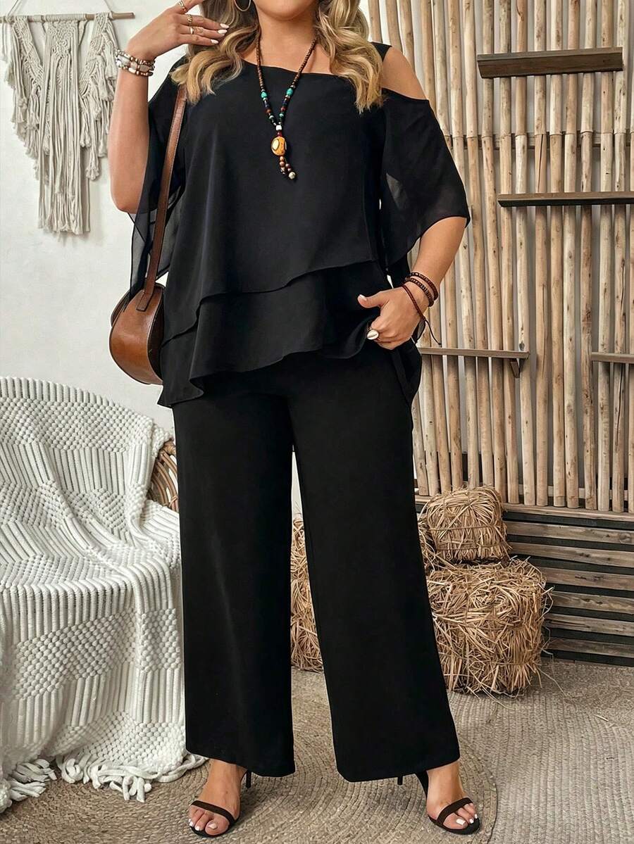 Momelise Conjunto de 2 piezas de Mujer Talla Grande con parte superior de hombro asimétrico y puño de malla lisa con pantalones - Negro - Ver 1