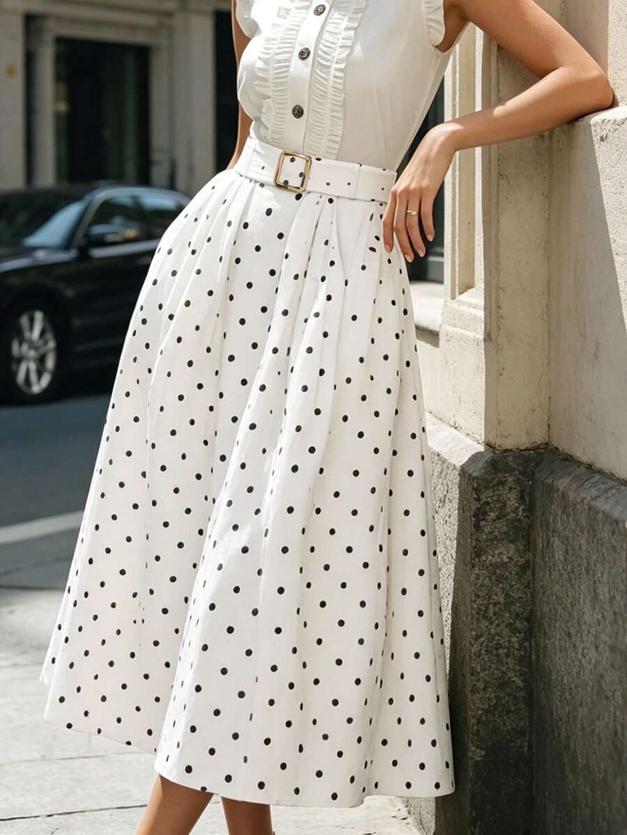 Balvessa Elegant Polka Dot A-Line Skirt For Commuting - White - View 1