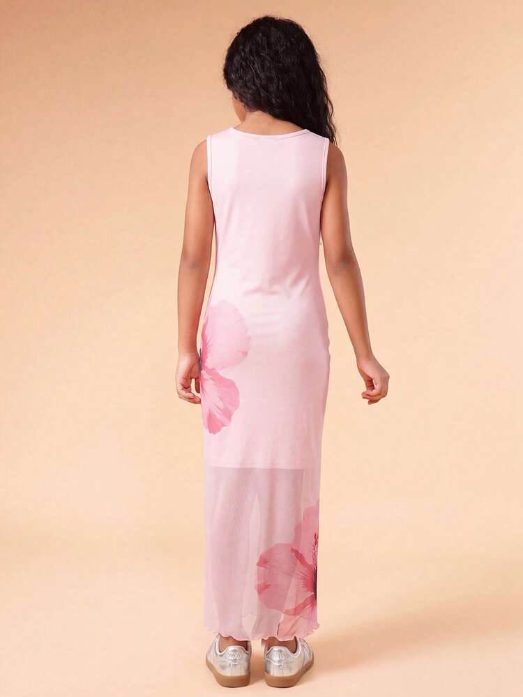 Girls Sleeveless Maxi Floral Hibiscus Dress With Crew Neck For Summer Casual Occasions