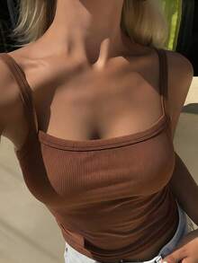 DAZY Women's Summer Backless Fitted Cropped Camisole Tank Top, Casual Street Style Undershirt - Coffee Brown - View 2