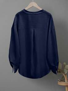 EMERY ROSE Plus Size Solid Color Notched Collar Button Pocket Casual Roll-Up Sleeve Shirt Fall - Navy Blue - View 2