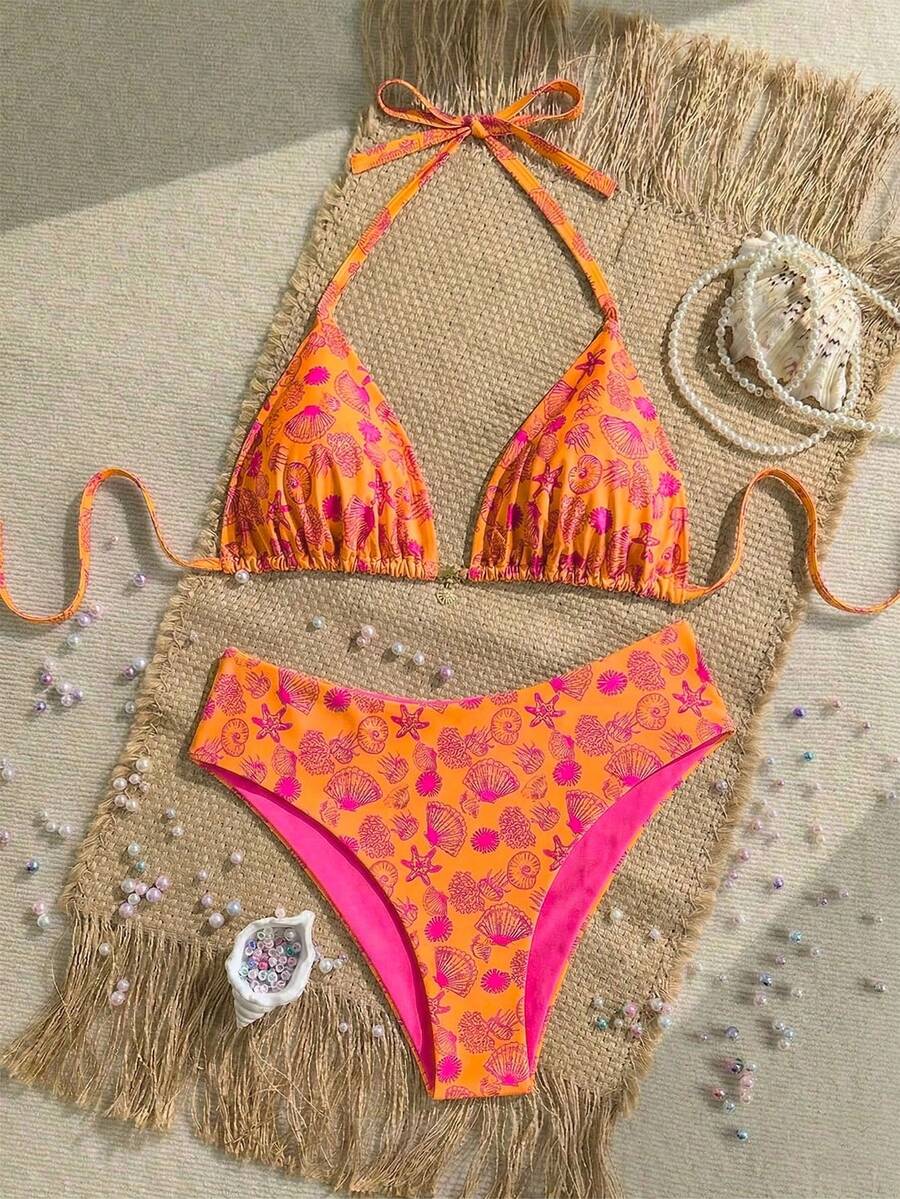 Swim Mod Plus Size Women Seashell Print Sweet Beach Vacation Bikini Set - Orange - View 1
