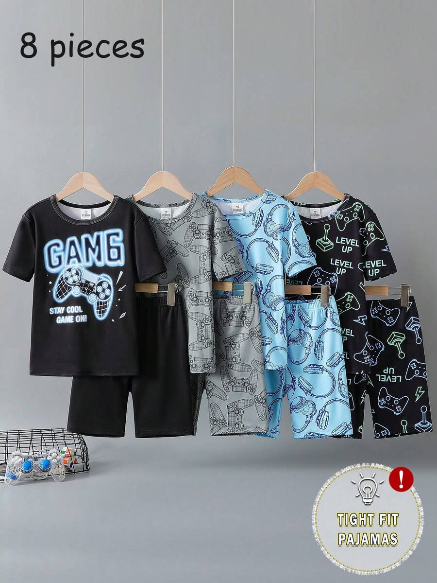 Bộ đồ ngủ 8 món ôm sát dành cho bé trai (4 bộ), thời trang cá tính, phối màu in hình game kỹ thuật số, tay ngắn và quần short. - Nhiều màu - Xem 1