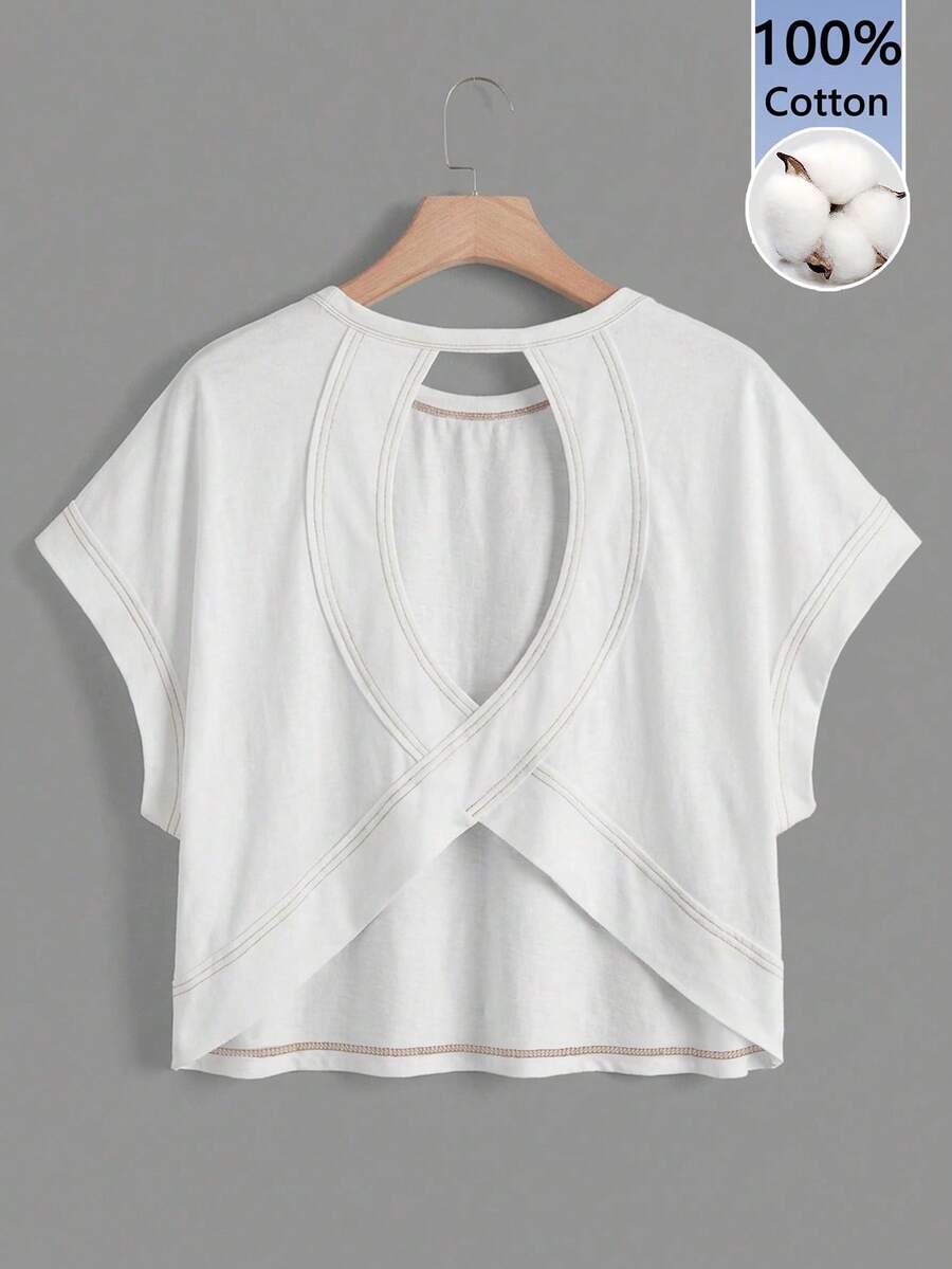 SHEIN Essnce Women's Casual Round Neck Backless Asymmetrical Hem Loose Sleeveless T-Shirt, 100% Cotton, Suitable For Summer - White - View 1