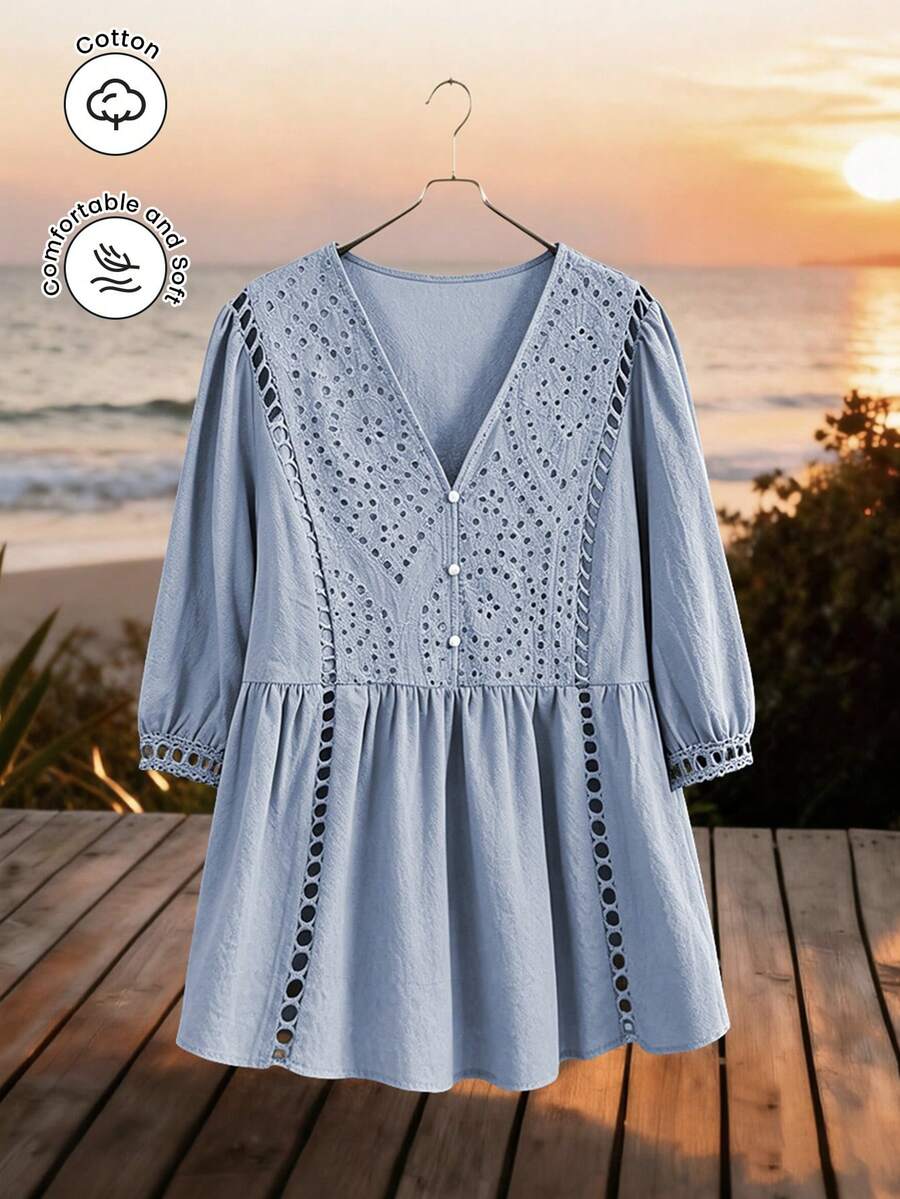 Lacomfia Casual Embroidered Patchwork 3/4 Sleeve Loose Regular Spring/Summer Plus Size Shirt - Dusty Blue - View 1