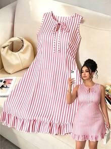 Elenzga Đầm nữ thanh lịch họa tiết sọc xanh trắng, cổ tròn, không tay, ôm dáng, thích hợp mặc hàng ngày, đi mua sắm, đi biển, là chiếc đầm mùa hè thoải mái. - Hồng - Xem 1