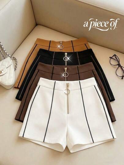 GlowEve Shorts femininos elegantes com zíper e detalhes contrastantes para primavera/verão.