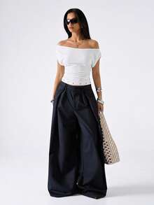 LYSMO 2026 New Minimalist Spring Women Casual White Off-Shoulder Cinched Waist T-Shirt, Summer Top - White - View 5