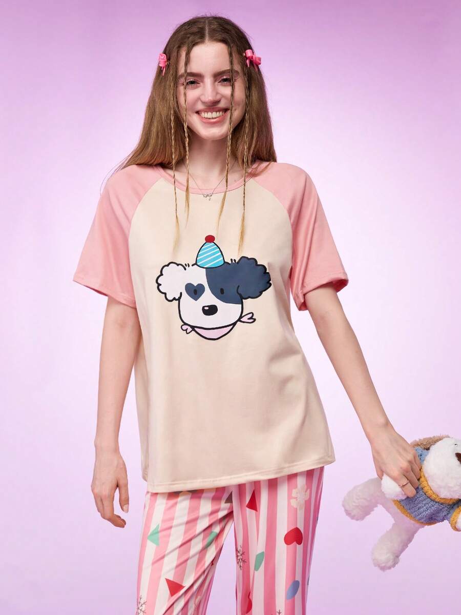 Notgurli Women Raglan Sleeve Short Sleeve Pants Pajama Set - Multicolor - View 1