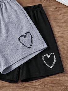 SHEIN 女士纯棉两件套假抽绳爱心图案和纯灰色睡裤家居服舒适可爱休闲多件装 - 灰色 - 查看 4