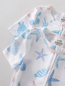 2pcs/Set Baby Boy Summer Ocean Animal Theme Blue Turtle, Seashell, Starfish, Seaweed Print Short Sleeve Romper With Zipper - Baby Blue - View 3