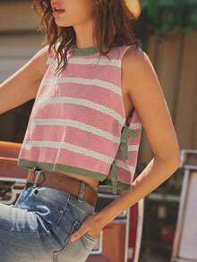 Top de Punto Verde Corto con Cuello Redondo y Lazos Laterales, Estilo Veraniego, para Vacaciones en la Playa del 4 de Julio, Look Campestre Femenino - Rosa Pálido - Ver 6
