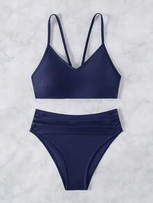 SHEIN Swim Women Summer Beach Solid Sexy Bikini Set, For Beach Vacation - Navy Blue - View 4