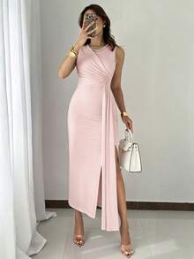 Rafferiza Đầm dạ hội dài mùa hè thanh lịch không tay đính hạt dành cho nữ, đầm dự tiệc trang trọng. - Hồng - Xem 8