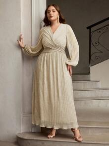 ZEYLAH Plus Size Women V-Neck Ruched Waist Elegant Casual Formal Party Bussines Wedding Dress Wedding Champagne Autumn - Apricot - View 6