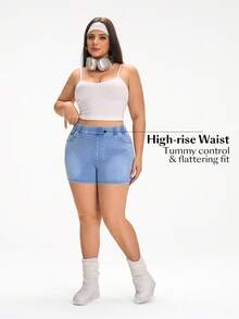 Flexra Shorts vaqueros casuales y versátiles para uso diario con bolsillos para mujer talla grande - Azul - Ver 5