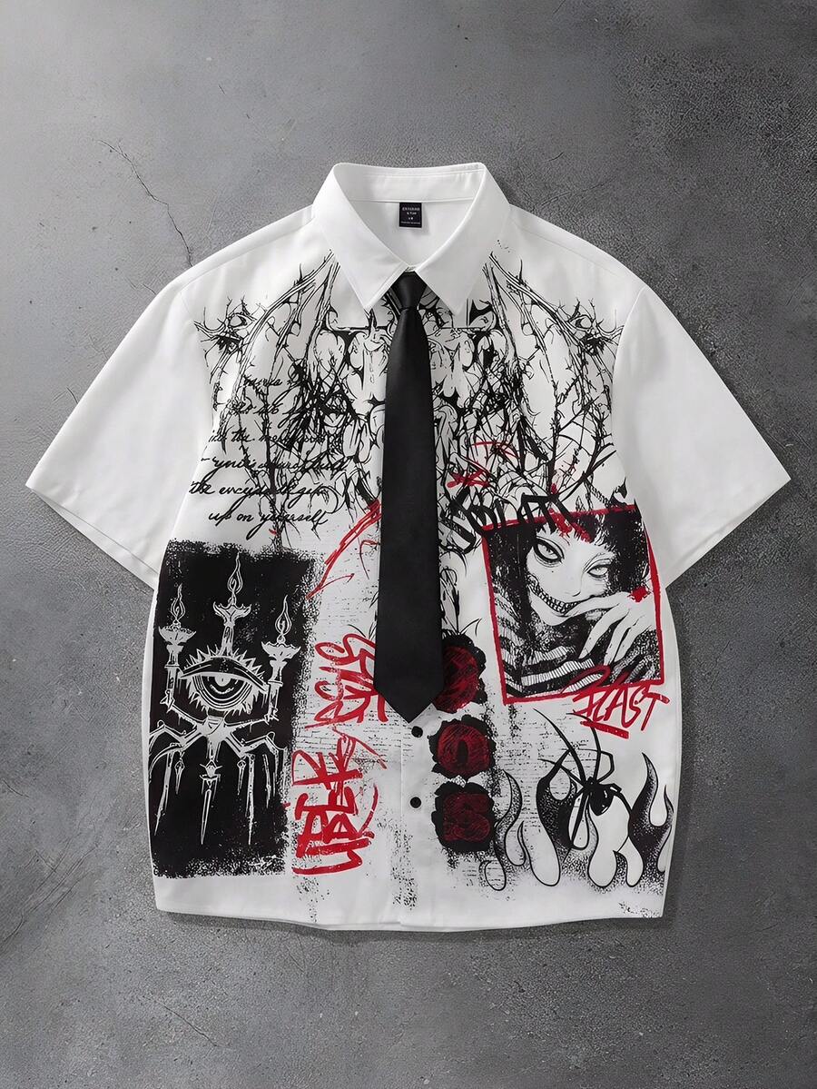 ROMWE MEN Goth Camisa de manga corta con estampado gótico para hombres - Blanco - Ver 1