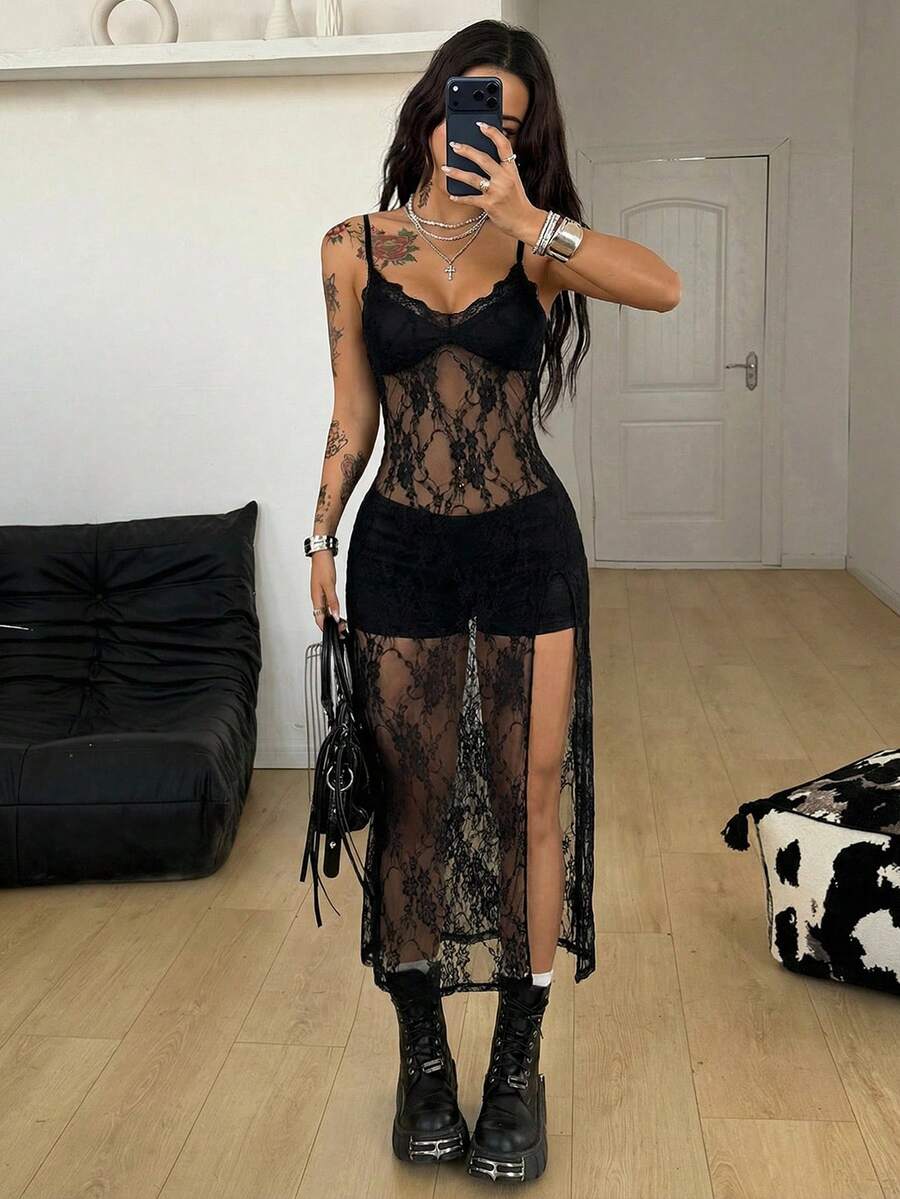 Coolane 女士夏季狂欢派对音乐节性感波西米亚风海滩装扮 Y2K 时尚蕾丝黑色开衩中长飘逸连衣裙 - 黑色 - 查看 1
