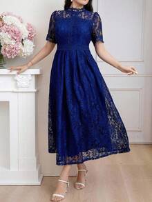 Modelyn Đầm dự tiệc thời trang màu trơn cỡ lớn, ren nối, màu xanh hoàng gia, váy dạ hội dài - Màu xanh hải quân - Xem 6