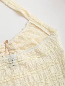 Sweetra Đầm ngắn màu vàng nhạt kiểu dáng đi biển, cổ yếm buộc dây, đính sao vàng, hai lớp xếp nếp, phong cách thời trang Xuân/Hè mới dành cho nữ, kiểu dáng đi nghỉ mát lãng mạn. - Màu vàng - Xem 7