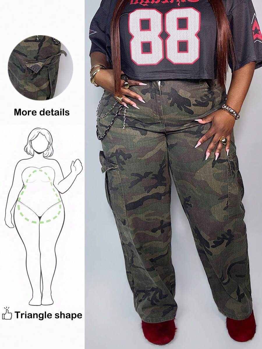 Truni Plus Size Camouflage Print Cargo Boyfriend Jeans, For Pear Triangle Body Shape - Army Green - View 1