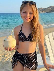 SHEIN 少女/青少年女孩三件套比基尼，波点印花，系带下装和裙子，适合海滩度假 - 黑色 - 查看 1