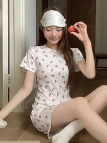 夏季可爱猫咪爱心印花针织女式睡衣套装，居家穿着 - 白色 - 查看 6