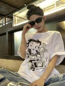 DAZY 女士休闲卡通印花宽松落肩T恤，适合夏季日常通勤 - 白色 - 查看 6