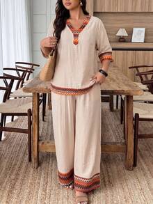 Lacomfia Elegant Casual V-Neck Pullover, Element Patchwork, Loose Fit, Versatile Plus Size Women 2-Piece Set, Spring/Summer - Multicolor - View 3