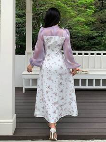 Feyla Women's Floral Print Square Neck Elegant Long Sleeve Midi Dress - Mauve Purple - View 2