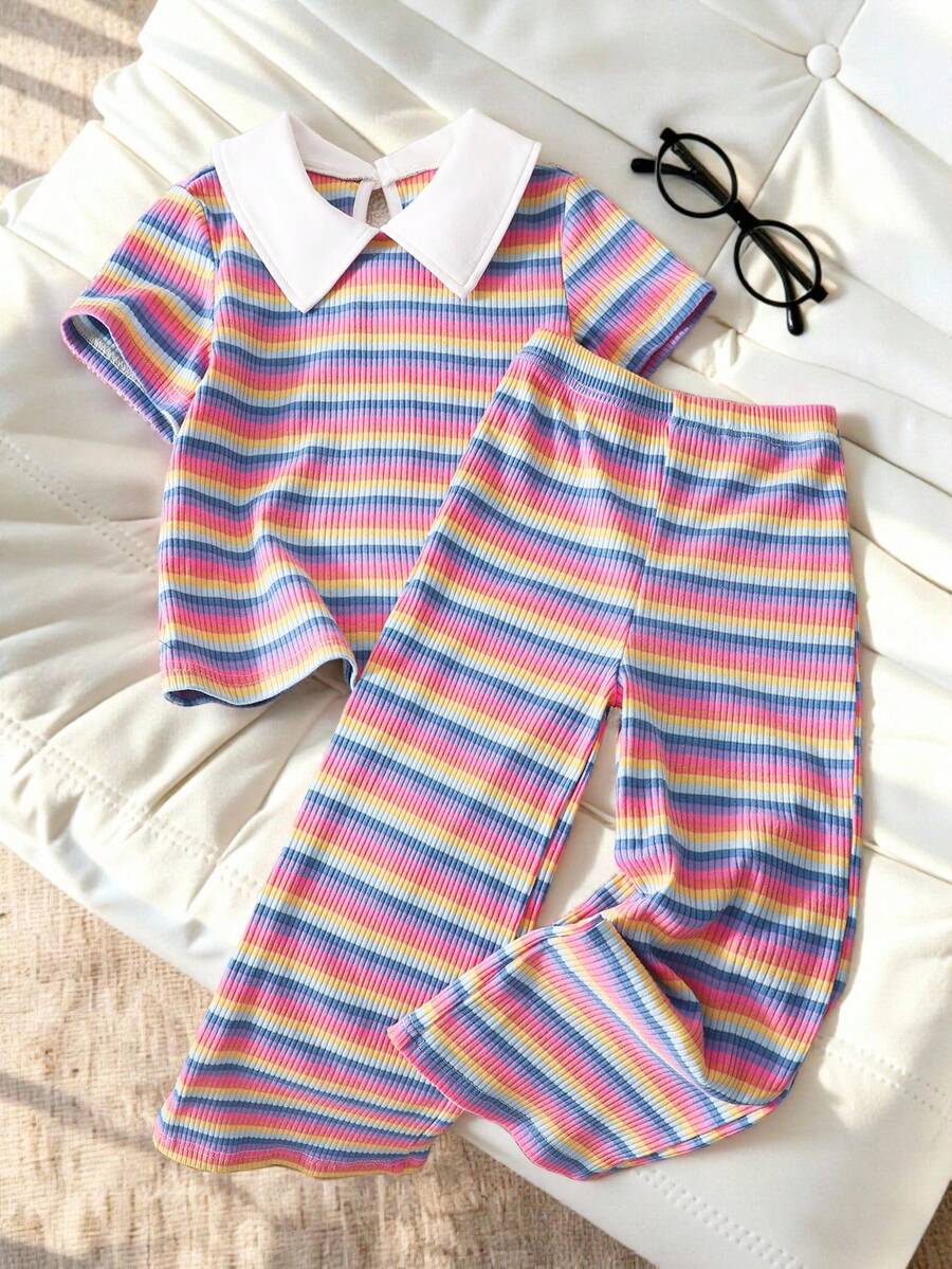 SHEIN Casuvi 2件組少女條紋短袖 Polo 領 T-shirt + 寬腿針織長褲套裝,淺粉色夏季校園美式休閒復古風 - 彩色 - 查看 1