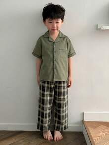 Dazy Kids 男童格子短袖上衣和裤子睡衣套装（夏季款） - 綠色 - 查看 3