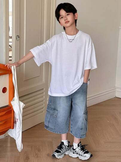 DAZY Quần jeans dáng rộng, màu trơn, túi xéo, dành cho bé trai tuổi teen.