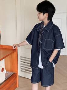 Dazy Kids 男童短袖衬衫+牛仔短裤两件套夏季 - 藍色 - 查看 2