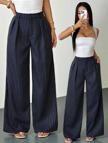 SHEIN PETITE Quần tây nữ kiểu dáng tối giản hiện đại màu xanh navy kẻ sọc, quần cạp cao, quần xanh dương, quần kẻ sọc, quần ống rộng dáng suông, quần thường ngày, quần công sở, phù hợp cho các buổi đi chơi, công sở, đi làm, đi làm hàng ngày, các dịp trang trọng. Quần kẻ sọc, quần xanh navy, quần nữ xếp ly. - Màu xanh lam - Xem 2