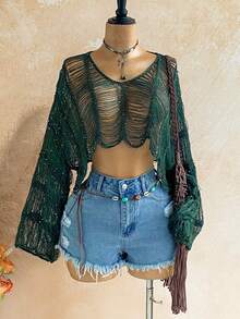 Soleia 新款前卫性感V领长袖宽松针织衫，波西米亚风，度假风，复古风，假日风，音乐节，海滩，海边，邮轮 - 軍綠色 - 查看 6