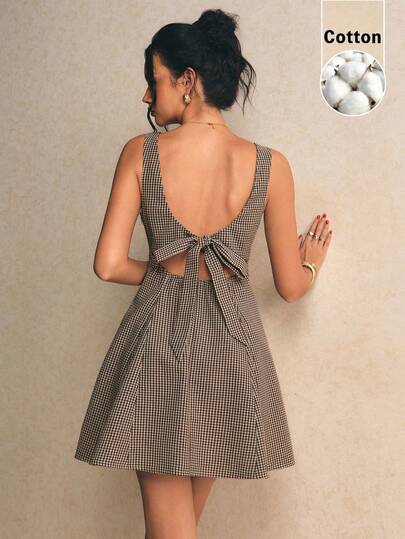 Poéselle Women's Cotton Dress Gingham Fit-&-Flare Mini Dress With Square Neck & Bow-Tie Open Back – Sleeveless Skater Picnic Sundress Gingham Dress, Mini Sundress, Cottagecore Outfit, Picnic Dress, Bow Back Dress, Skater Dress, Summer Mini Dress, Backless Dress  Plaid Round Neck Sleeveless Elegant Mini Dress Summer Dress Easter Dress Women Easter Beach Dress Beach Outfits For Women Wedding Guest Dress For Women Graduation Dress Graduation Casual Dresses  Y2k Country Concert Outfit Brown Dress