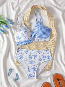 SHEIN 2件套少女格子碎花弹力速干舒适针织面料连体泳衣，适合海滩、泳池、冲浪、度假、夏季旅行 - 彩色 - 查看 3