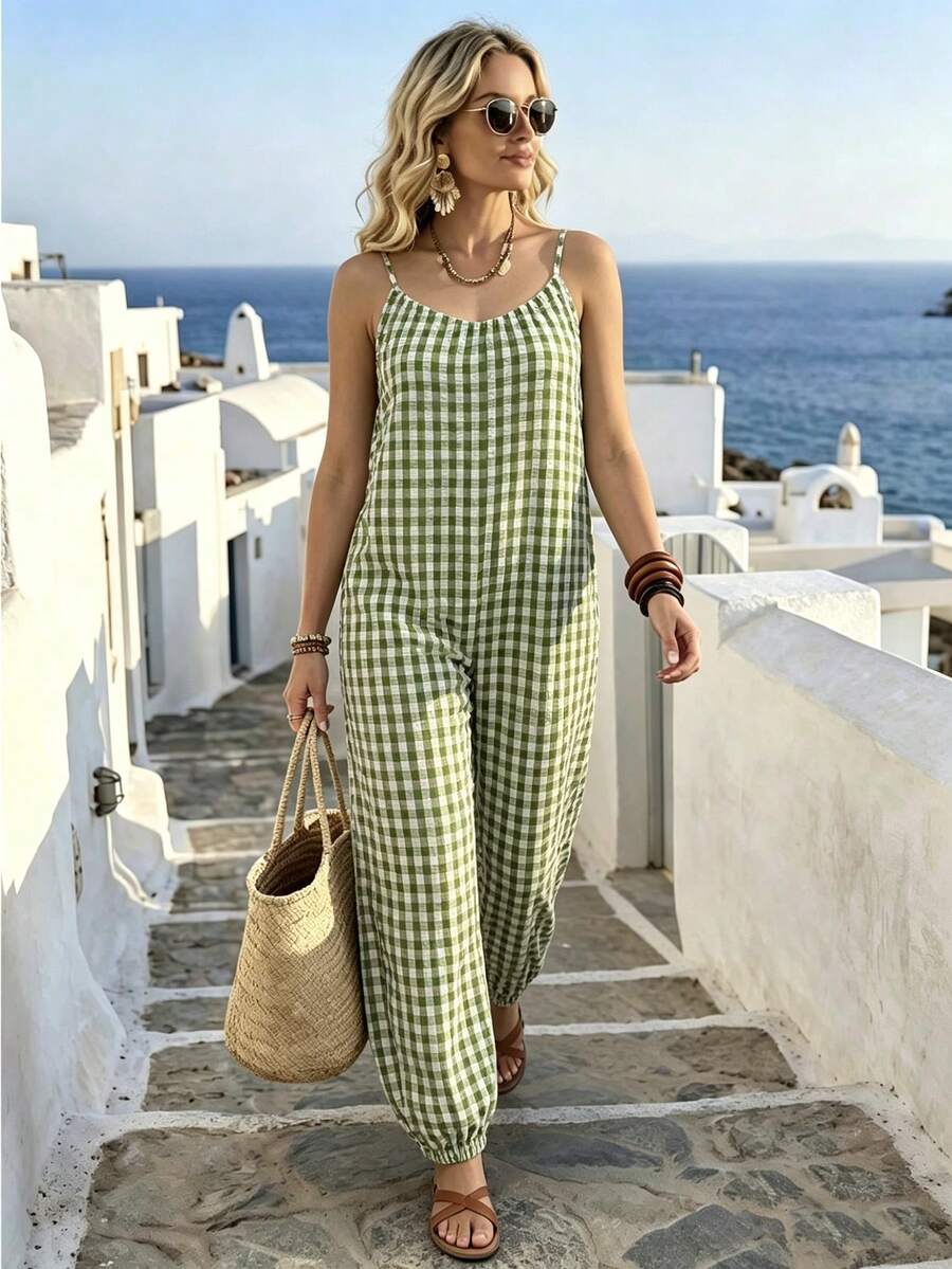 Linhara CURVE Plus Size Casual Plaid Spaghetti Strap Backless Jumpsuit - Pink - View 1