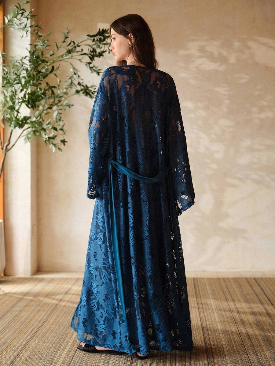 MOTF PREMIUM LACE TASSEL WAIST TIE LONG ROBE, SPRING/SUMMER - Teal Blue - View 1