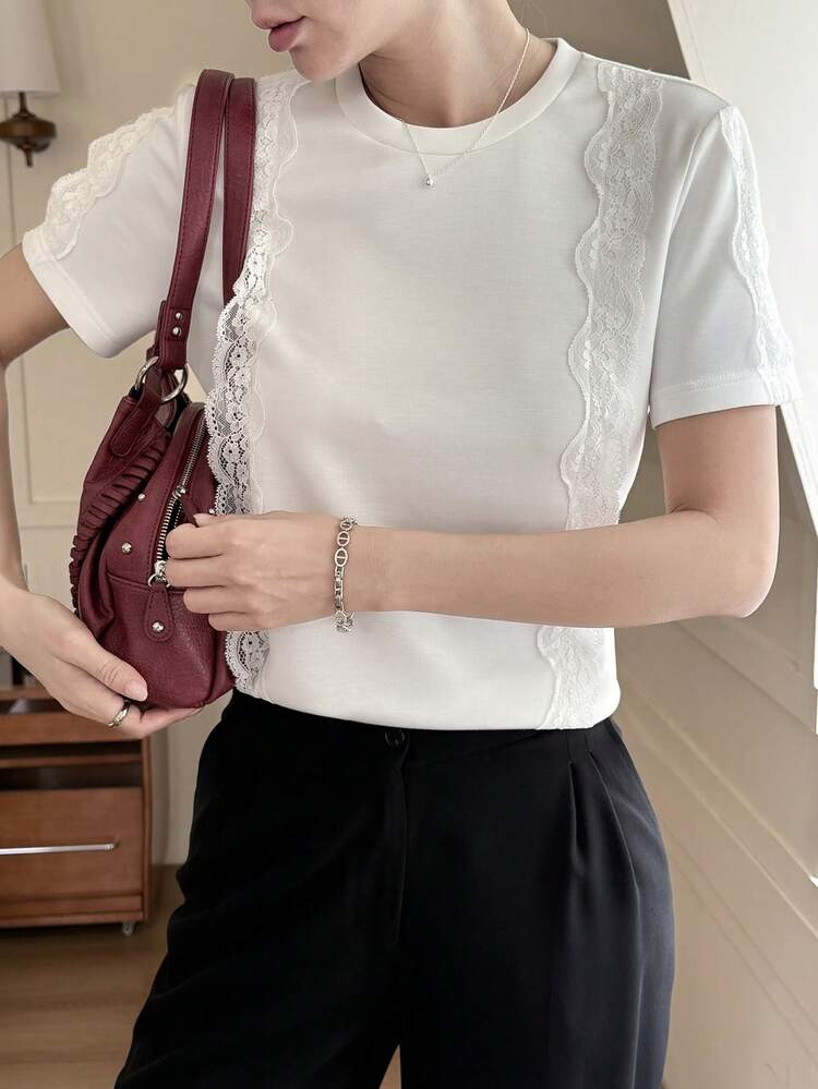 Women's Summer Round Neck Short Sleeve Lace Patchwork Fitted Casual Elegant T-Shirt