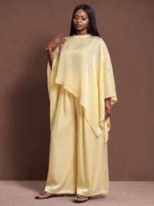 SHEIN CURVE+ 黃色夏季優雅波希米亞風大尺碼女款亮面布料披肩上衣與寬腿褲兩件套，曲線尺碼 US22，海邊度假派對穿搭 - 淡黃色 - 查看 5