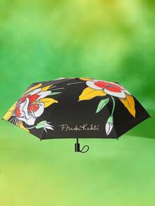 Frida Kahlo X SHEIN 1把印花图案雨伞，UPF 50+ 防紫外线，适合学校、工作、户外活动和日常使用，专为大学生、高中生、男女设计，墨西哥风格，热带花卉、蝴蝶、弗里达·卡罗、复古艺术，展现女性力量。 - 彩色 - 查看 3