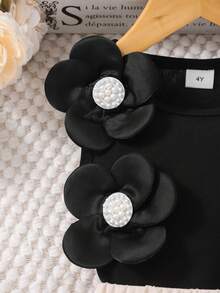Girls' Sweet Design Set, Spring/Summer, 3D Flower & Pearl Decor Sleeveless Top + Contrast Ruffle Hem Shorts, 2pcs Set, Casual, Party, Daily Wear - Black - View 7