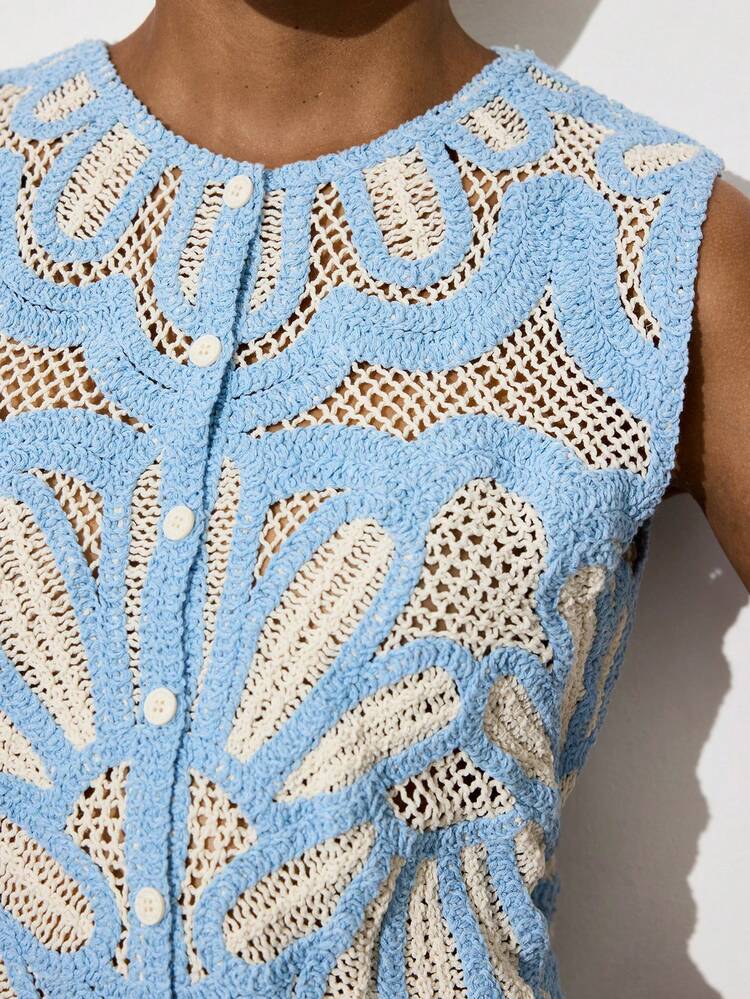 SHEIN Maija Women's Blue And White Contrast Color Casual Sleeveless Knit Top Coords,Summer Boho Vacation Holiday Outfits,Vintage Old Money Beach Party